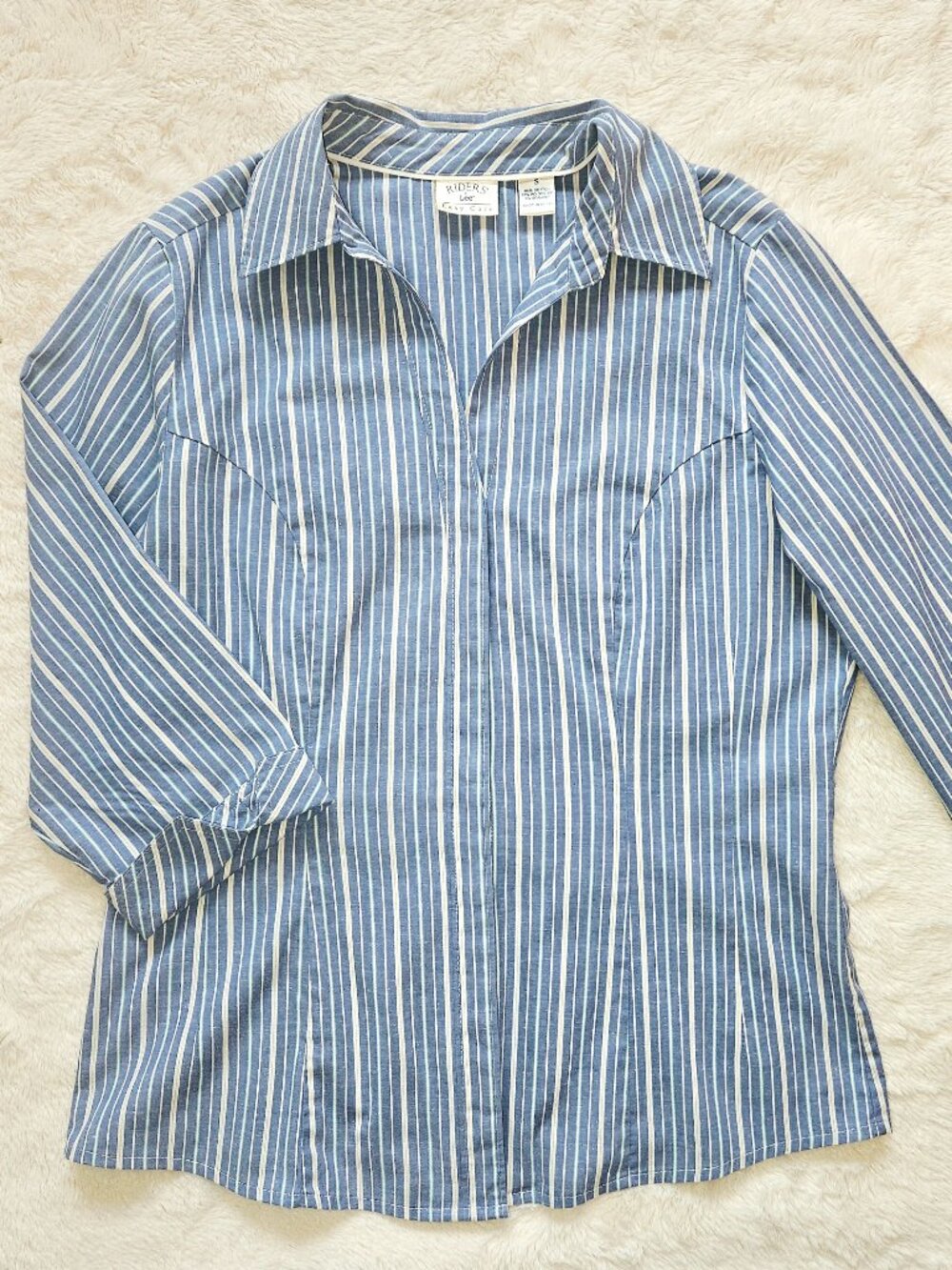 Riders by Lee Women's Easy Care 3/4 Sleeve Striped Shirt Button-down Blouse Sz S